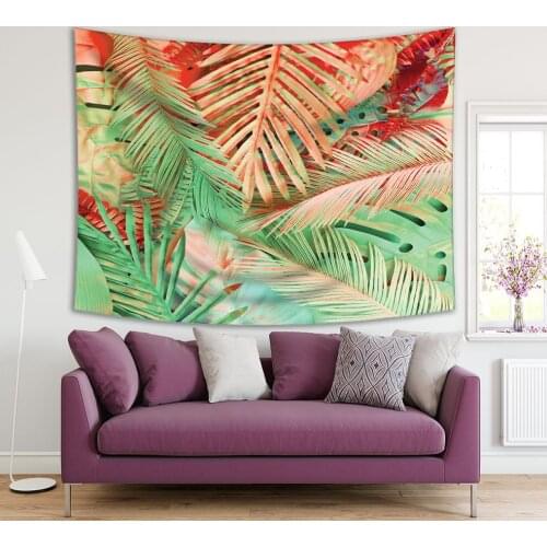 Tapestry Tropical Plants Big Leaves Foliage in Vintage Colors Artwork Printed Green Red Beige