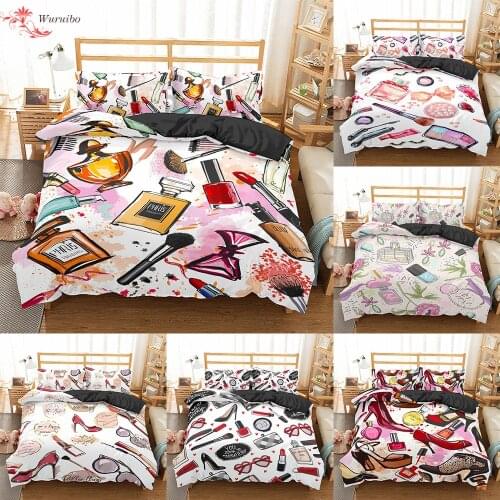 Homesky Makeup Lipstick luxury Bedding Set Cosmetic Pink Duvet Cover Girls Women Bed Set Home Textiles Bedclothes 3/4pcs