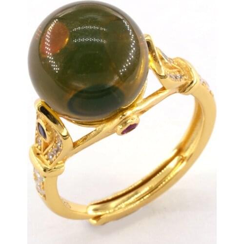 Amber Ring Natural Gemstones Mexico 5A Clean Blue Amber Side Stone Ruby and Sapphire Round Bead Ring Vintage Jewelry Women