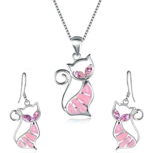 Elegant Jewelry Set Cute Cat Imitation Fire Opal Pendant Zircon Necklace With Earrings For Women Accessories Wedding Party Gift