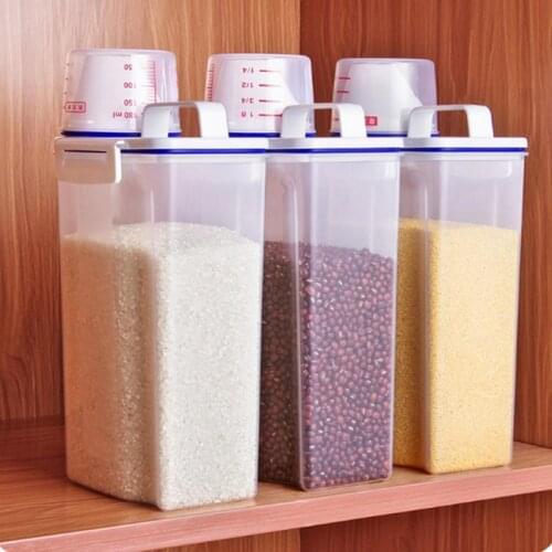 Portable Cereal Bucket with Measuring Cup Rice Dispenser Storage Box Transparent Food Preservation Sealed Cans