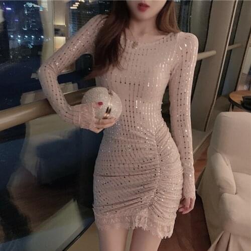 Summer Womens Dress 2021 Sexy Sequins Female Mini Dresses Long Sleeve Y2K O-neck Party Shirring Skinny Robe