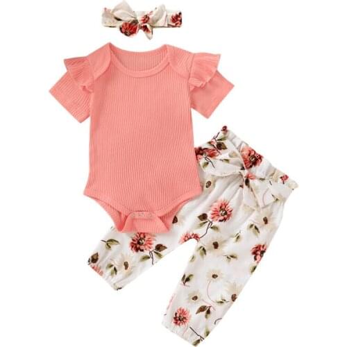 0-18M Summer Toddler Infant Baby Girl Clothes set Short Sleeve Romper Tops + Flower Pants 3pcs Outfit