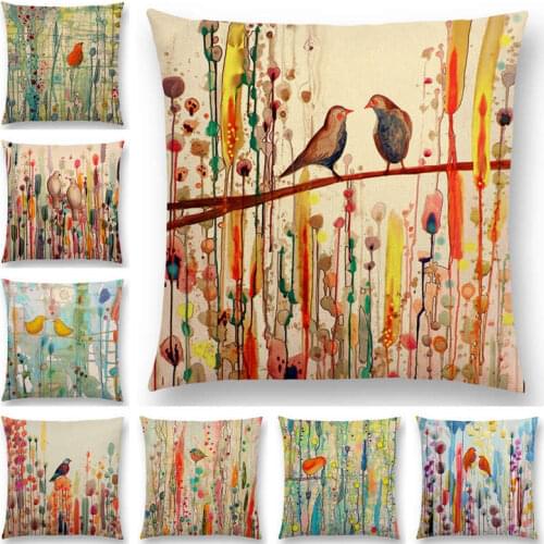 Hot Sale Lovely Watercolor Little Birds Cute Colorful Flowers Clusters Warm Floral Woods Happy Life Cushion Cover Pillow Case