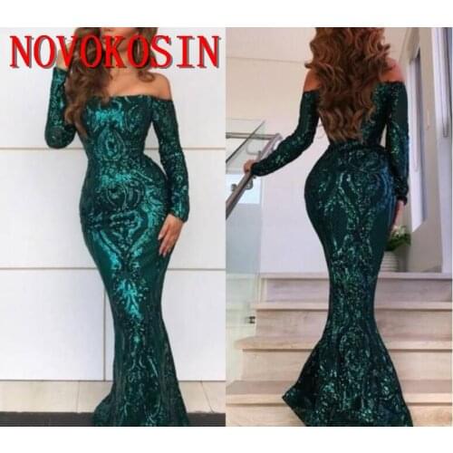 2019 Shiny Embroidered Sequins New Arabic Style Green Mermaid Formal Evening Dresses Off Shoulders Elegant Long Prom Gown