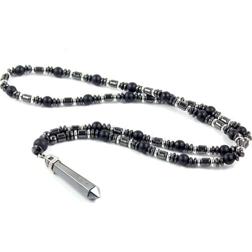 New Design Black Mens Pendant Long Necklace 8mm Matte Black Stone Beads Hematite Fashion Jewelry