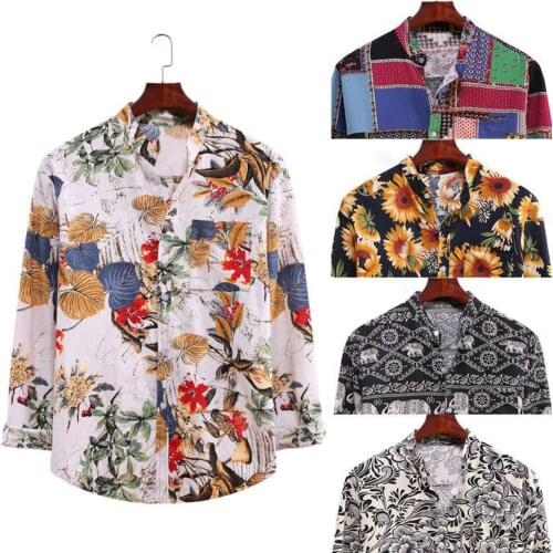 New Fashion Mens Cotton And Linen Shirt Printed Stand Collar Long-sleeved Shirt Casual Beach Daily Shirt Гавайская Рубашка 2021