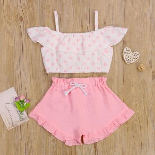 Girls Ruffle Tops, Polka Dot Print Sling Pullover Summer Toddlers High Waist Pleated Lace Up Shorts