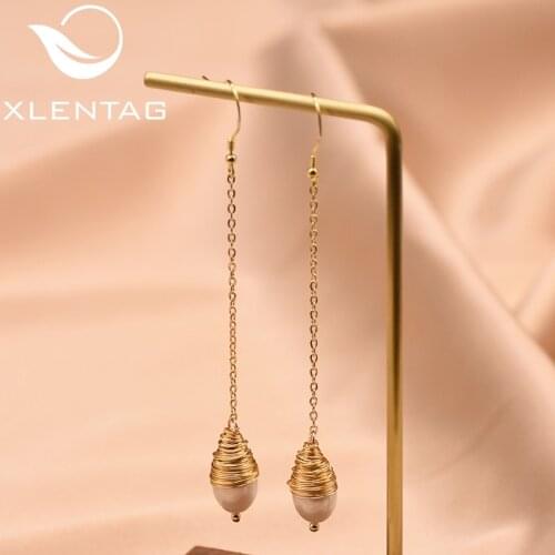 XlentAg Handmade Natural Fresh Water Baroque Pearl Long Dangle Earrings Drop Engagement Earrings For Women Fine Jewelry GE0500