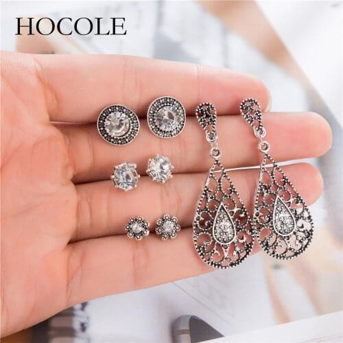 HOCOLE 4 Pairs/Set Bohemian Droplet Flower Round Crystal Gem Hollow Antique Silver Earrings for Women Charm Party Jewelry Gift