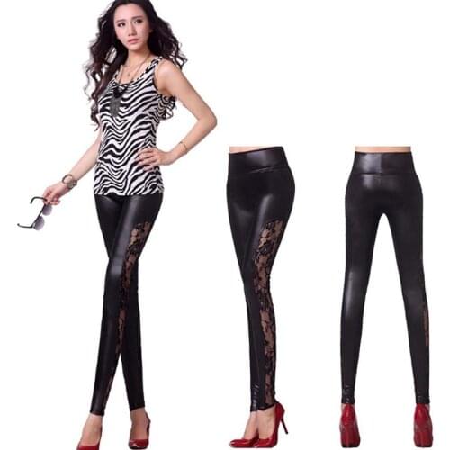 Women Casual Lace Black Leather Leggings Rose Patchwork Winter/Spring/Autumn Slim High Waist Stretchy Female Leggings New