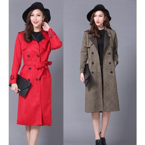Plus Size 6XL Suede Long Trench Coat Women 2021 Fashion Spring Autumn New Double Breasted Windbreaker Female Elegant Outerwear