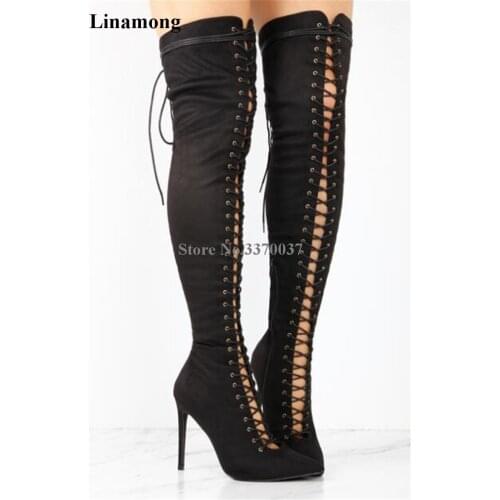 2018 New Fashion Women Pointed Toe Suede Leather Lace-up Over Knee Gladiator Boots Cut-out Thigh High Heel Long Boots Dress Shoe