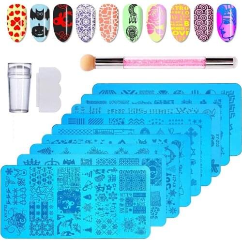 Nail Printing Plates Set 10Pcs 8 Colors with Stamping Templates Stamping Sponge Silicone Pen DIY Image Manicure Stencil Tools
