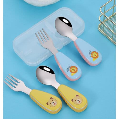 Baby Feeding Spoon Fork Set Stainless Steel Toddler Infant Tableware Flatware Kids Cutlery without Ant-Dust Box
