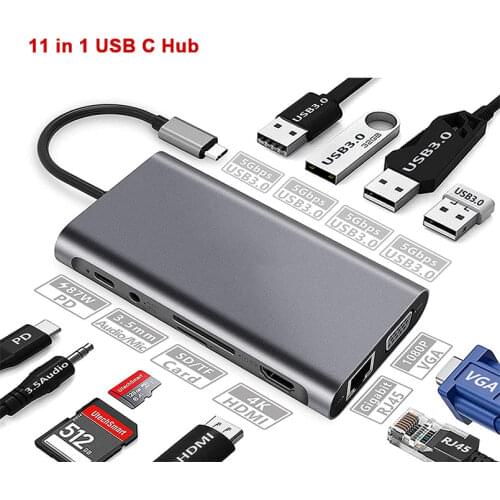 USB C Hub Type C To HDMI 4K VGA Adapter OTG Thunderbolt 3 Dock with PD RJ45 SD TF USB-C 3.0 Jack 3.5mm for MacBook Pro/Air M1