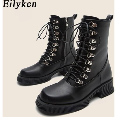Eilyken Fashion Sexy Round Toe Solid Color T-tied Ladies Ankle Boots Thick Bottom Zipper Women Winter Ladies Casual Office Shoes