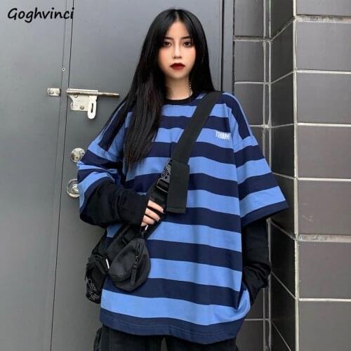 Long Sleeve T-shirts Women Fake Two-pieces Striped Harajuku Loose BF Tees Student Street-wear Stylish Leisure Fashion All-match