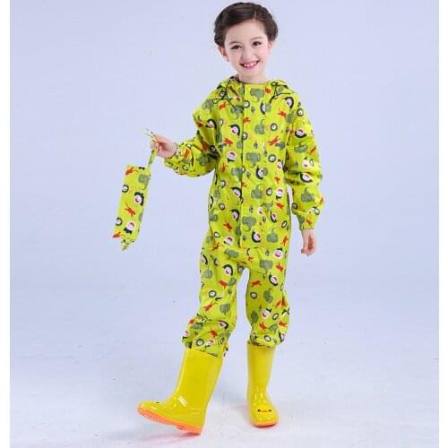 Kids Overall Rain Jumpsuit Hooded Animal Modeling Printing Raincoat Siamese Windproof Nylon Rainwears for Boys and Girls