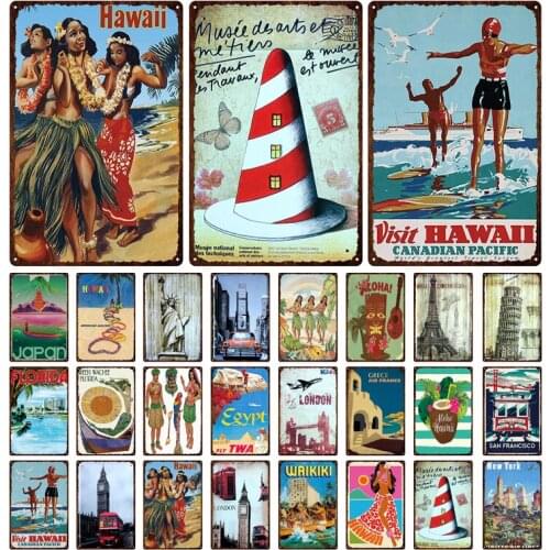 Hawaii Waikiki Seaside Landscape Metal Tin Sign Famous Tourist City Retro Surfing/Car Decorative Plaque Iron Painting 20*30cm