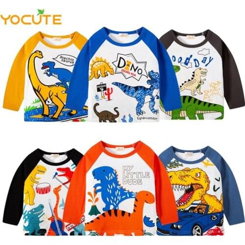 2021 New Spring Autumn Childrens Clothing Korean Boys Dinosaur Sleeve Inserted Boys Long Sleeve T-shirt Boys Cotton Thin Tee