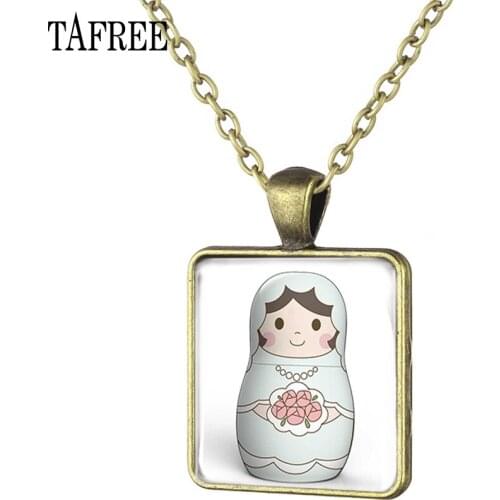 TAFREE lovely Matryoshka Square Necklace Russian Classic Picture Baby Girl Doll Photo Antique Bronze Plated Choker Jewelry TW42