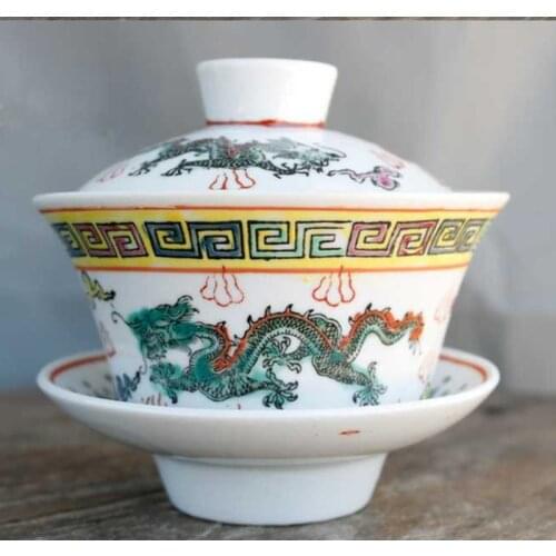 Hand Painted Shuanglong Xizhu Gaiwan Jingdezhen Cultural Revolution Porcelain Pottery Pastel Pu'er Tea Sancai Tureen