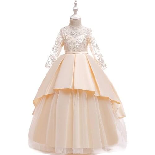 2021 Mesh Embroidered Princess Dress Girl Long-sleeved Wedding Dress Long Drag Ground