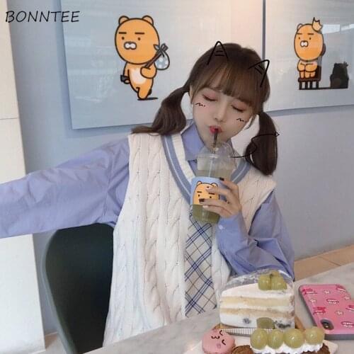 Sweater Vest Women Japanese College Style Lovely Simple V-neck Teens Sleeveless Sweaters All-match Leisure Fall Ladies Knitwear