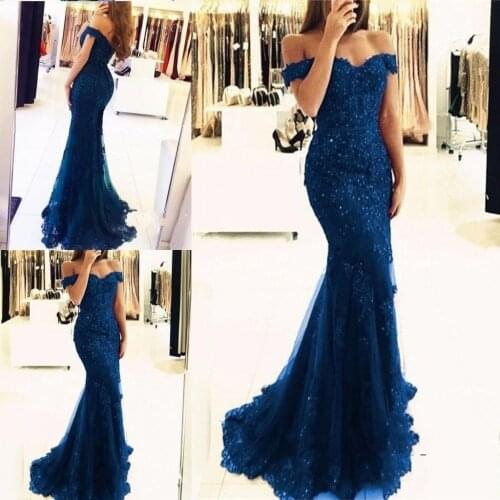 2021 Off The Shoulder Mermaid Long Evening Dresses Tulle Appliques Beaded Custom Made Forma Prom Party Gowns