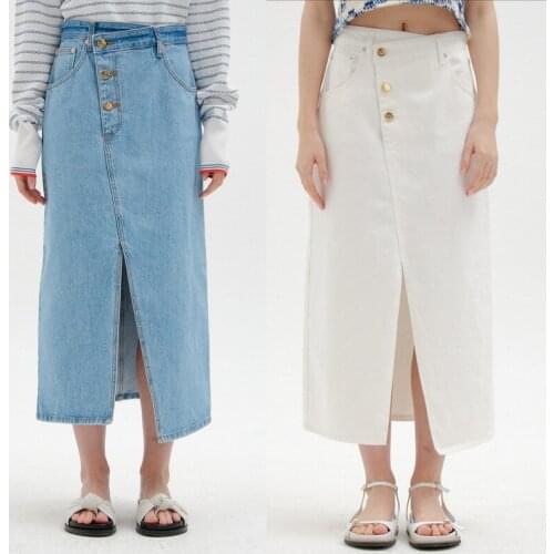 New Womens Split Denim Midi Skirt 2021 Early Autumn Solid Color Cotton Ladies High Waist A-Line Fashion Long Jupe with Buttons