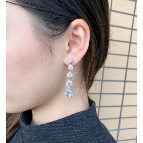 Female Luxury Crystal Round White Five Zircon Stone Earrings For Women Vintage 925 Sterling Silver Wedding Jewelry
