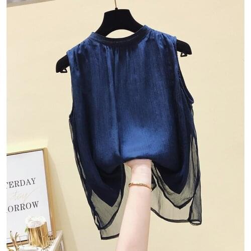 2021 Womens Tops and Blouses Chiffon Women Blouse Sleeveless O-Neck Blue Women Shirts Plus Size Korean Fashion Clothing Y850