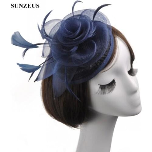 Navy Blue Women Party Hats Linen Feathers Flower Bridal Hats For Wedding chapeau de mariage femme SQ018