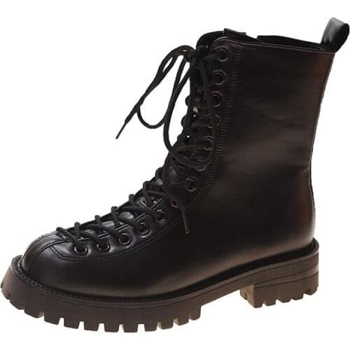 2020 Winter Fashion Womens Boots Lace Up Calf Round Head Womens Boots Black Mid Heel Square Heel PU Women Shoes R14-28