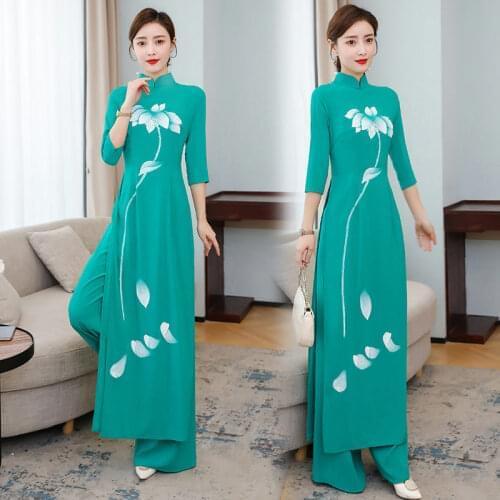 Lady Set 2021 Spring Summer Womens Hand Painted Cheongsam Slim Mid-Length High Split Dress Wide-Leg Pants Two Piece Suit y1413