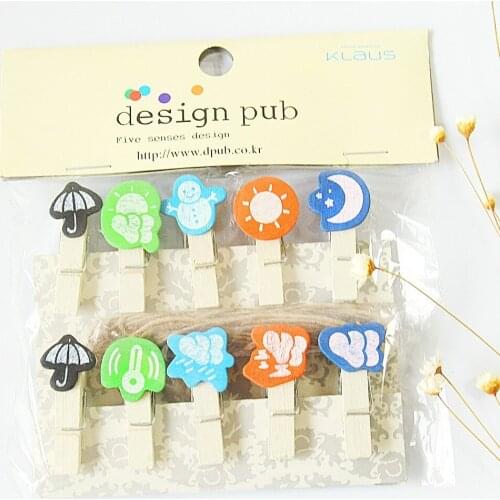 10 pcs/lot Creative Weather Series Wooden Clip Photo paper Clothespin Craft Clips Party Decoration Clip with Hemp Rope