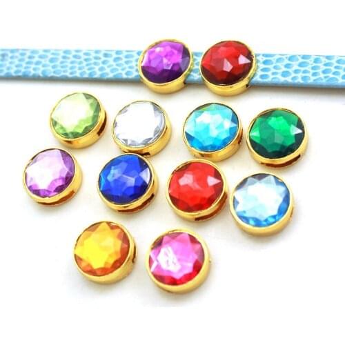 12pcs/lot Internal Dia 8mm Slide Charm Gold Crystal Round DIY Accessories fit 8mm wide belt pet collar
