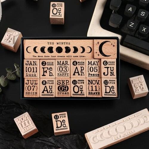 14Pcs/Set Vintage Month Abbreviation Moon Stamp DIY Wooden Rubber Stamps For Scrapbooking Stationery Scrapbooking Standard Stamp