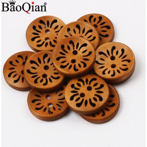 20pcs Natural Wooden Buttons 23mm Circular Hollow Pattern Clothing Decoration Crafts Diy Home Sewing And Scrapping Accessories