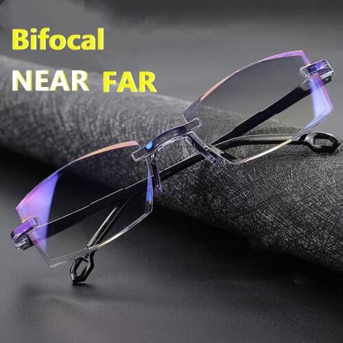 2021 Men Women Rimless Reading Glasses Anti Blue Light Bifocal Far Near Magnification Eyewear Presbyopic Glasses +150 +200