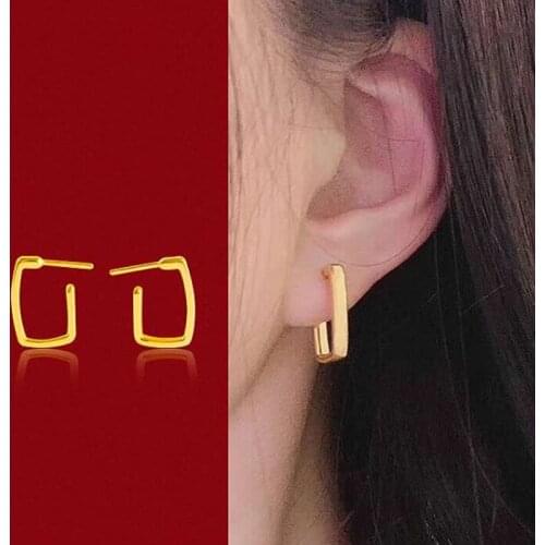 Pure 24K Yellow Gold Earrings Women 999 Gold Geometry Stud Earrings 3D Hard Gold Earrings