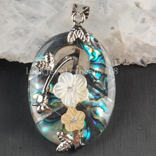 Free Shipping Women Fashion Jewelry 30x48mm Beatiful New Zealand Ablone Shell Oval Flower Pendant Bead 1pcs C3622