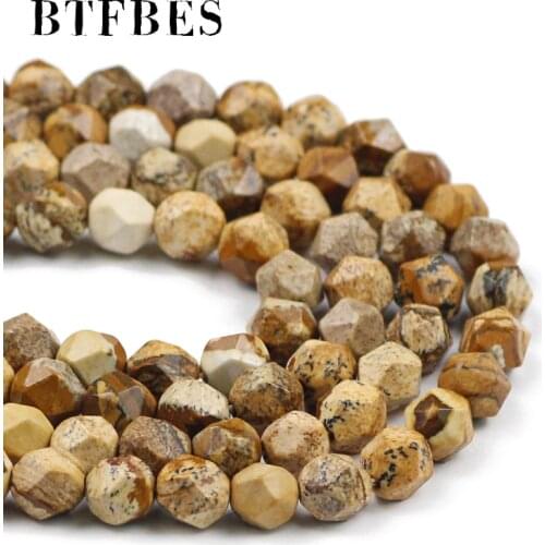 BTFBES Picture Stone Natural Stone 8mm Faceted loose Spacers beads for Jewelry making Bracelet Earring Accessories 15" 8mm 45Pcs