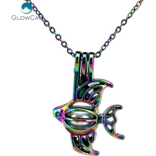 C82 Rainbow Color Ocean Sea Fish Cage Pendant Aroma Essential Oil Diffuser Locket Necklace