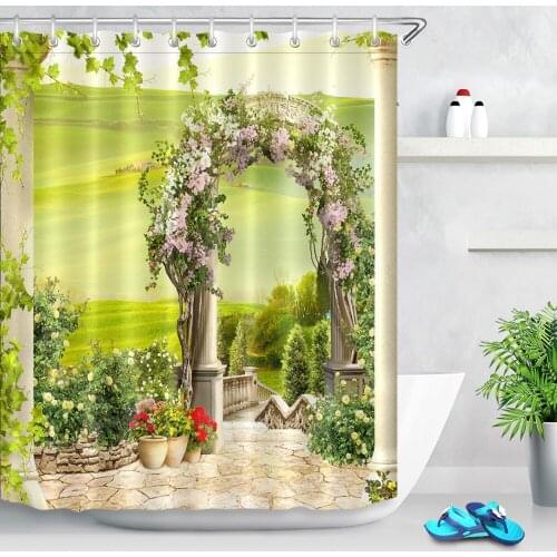 Digital Beautiful Green Garden with Flowers Arch Waterproof Scenic Shower Curtains Bathroom Curtain Fabric for Bathtub Decor