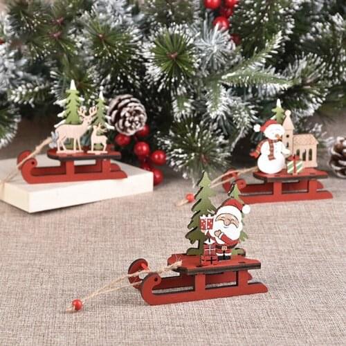 Wooden Sleigh Christmas Ornaments Xmas Home Decor DIY Cartoon Snowman Elk House Decoration