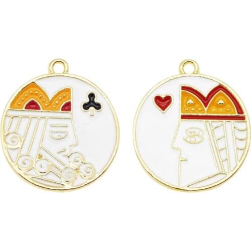 Julie Wang 4PCS Enamel Poker Charms Alloy Round Club K Heart Q Pendant Bracelet Earring Jewelry Making Accessory