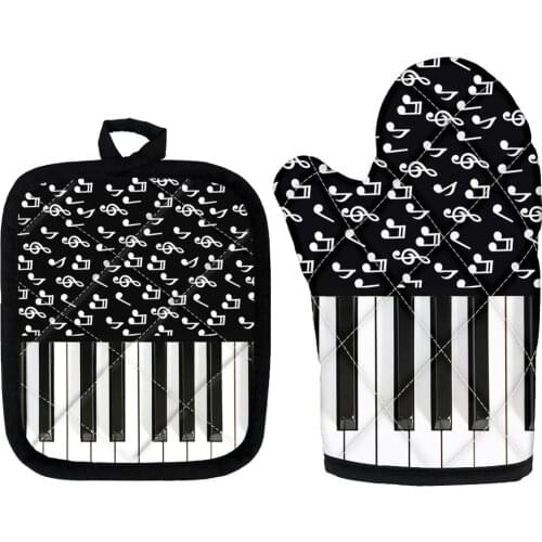 Piano with Music Note Fashion Design Kitchen Microwave Gloves Insulation Pads Microwave Oven Mitts for Home Cooking BBQ Baking