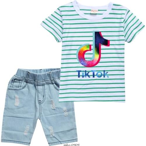 Tik Tok Baby Girls Boys Clothes Set Summer Short Sleeve Printed T-Shirts +Denim Shorts 2pcs/Set Toddler Teenagers Tracksuit